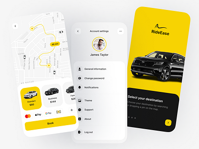 RideEase - Taxi Mobile App app cab car drive mobile app navigation ride taxi app taxi booking transportation travel ui