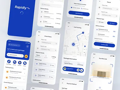 Rapidly- Parcel Delivery App app app design courier courier service delivery management delivery service design express figma logistics app package delivery parcel delivery shipment shipping tracking parcel transportation app uidesign uiux user interface