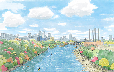 St. Anthony Falls - Free Flowing River Illustration dam removal digital environmental illustration minneapolis mississippi river national parks pen and ink pencil river illustration river restoration watercolor