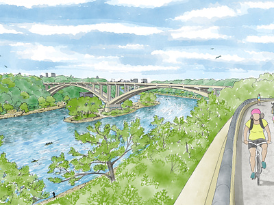 Free-flowing Mississippi River Illustration - Lake Street Bridge bike path bridge dam removal digital environmental illustration mississippi river mixed media national parks river illustration rowing watercolor