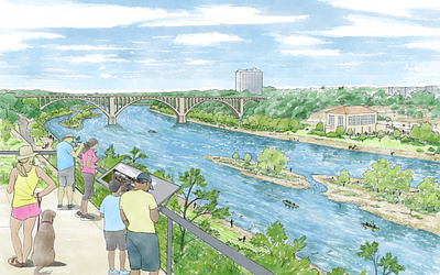 Free-flowing Mississippi River - Dam Removal Scene dam removal digital environmental illustration mississippi river national park overlook river recreation river restoration twin cities watercolor