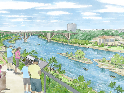 Free-flowing Mississippi River - Dam Removal Scene dam removal digital environmental illustration mississippi river national park overlook river recreation river restoration twin cities watercolor