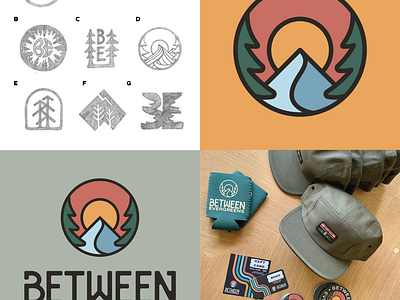 Between Evergreens Logo + Goodies badge branding business card design graphic design hats illustration logo merch sticker vector