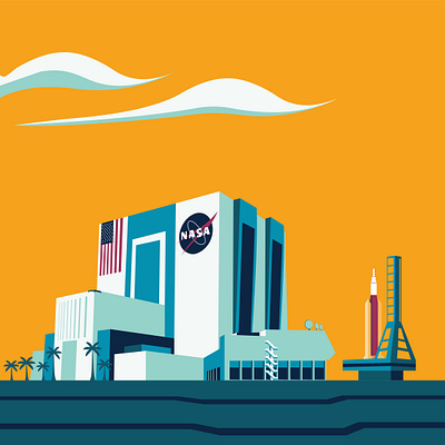 Kennedy Space Center - NASA beach town city colorful destination flat design flat illustration florida kennedy space center landscape nasa palm trees poster rocket scenery space spaceship spacex travel vector warm