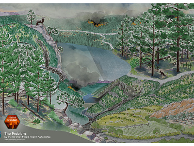 Forest Health Conditions - The Problem Illustration debris flow digital environmental fire suppression fireshed flood forest health illustration landslide mixed media pencil rocky mountains severe wildfire water supply watercolor wildfire wildfire smoke