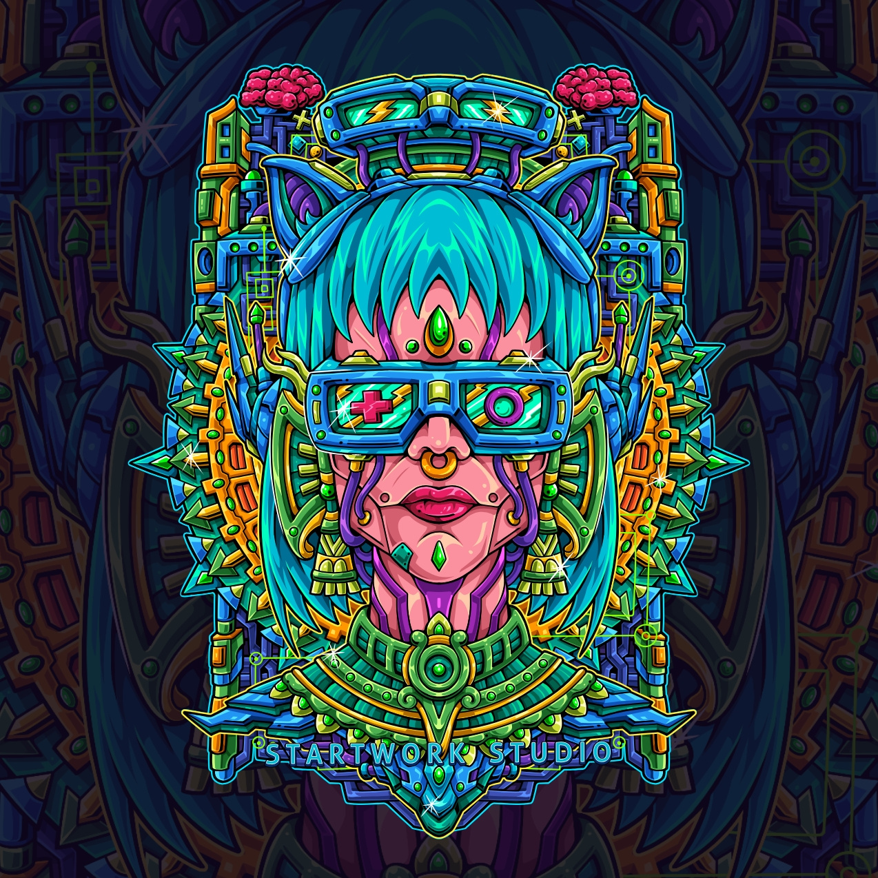 CYBORG ORNAMENT GIRL clothing cyberpunk cyborg enamel pins graphic design illustration mandala art mecha merch design metal print psychedelic psychedelic art screen printing tapestry design trippy trippy art vector art zentangle