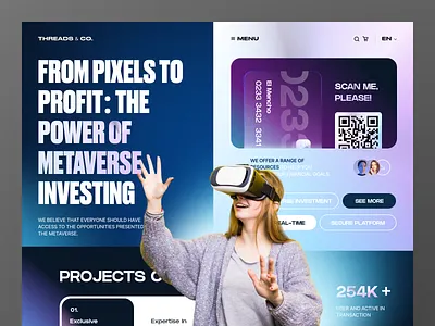Threads & Co Fintech Landing Page banking costumer crypto design exploration finance financial fintech home home page landing page metaverse money saving start up ui uidesign uxdesign web design website