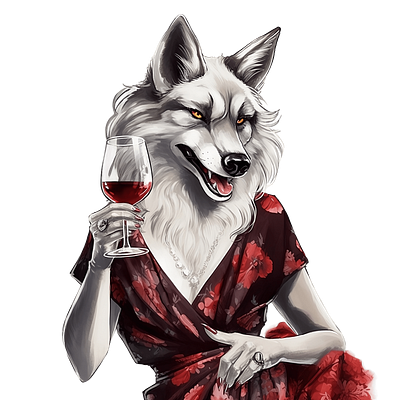 Mysterious Elegance: Wolf Lady with Wine Glass unique