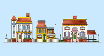 Victorian Neighborhood colorful illustration line art neighborhood vector victorian