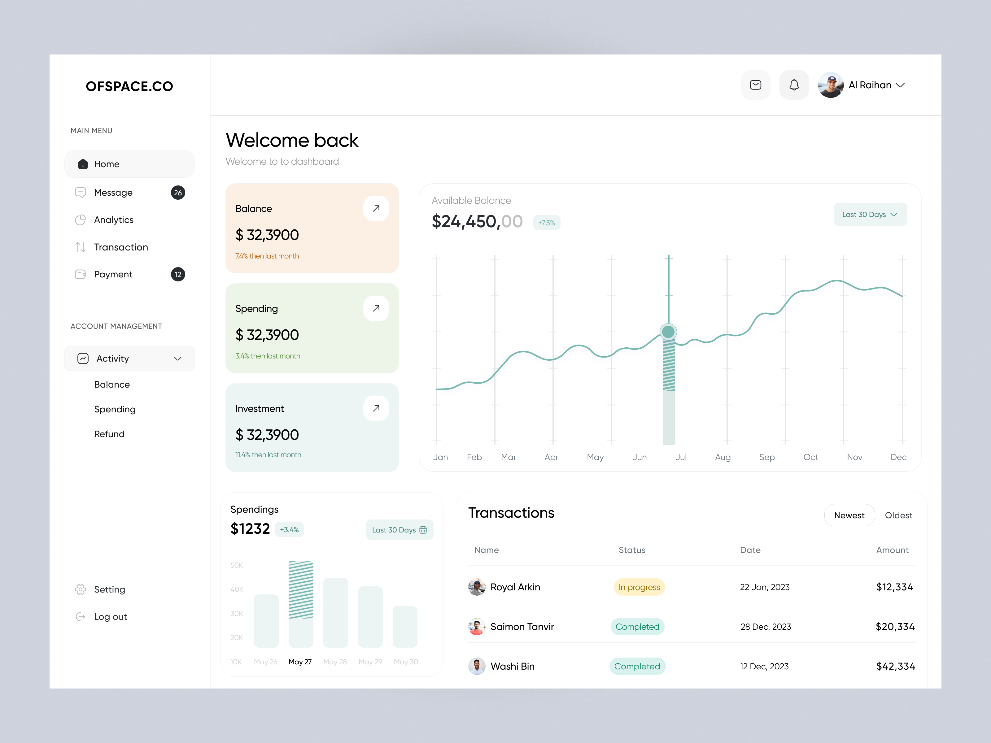 Personal Wallet Dashboard UI analysts banking business cash checkout clean coin credit card currency dashboard dollar exchange fintech minimal ofspace product transaction transfer ui wallet