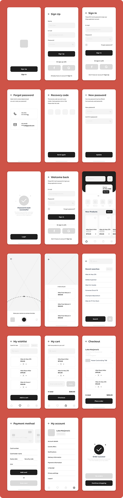 Low fidelity wireframes mobile application (shopping store) app design ui ux wire