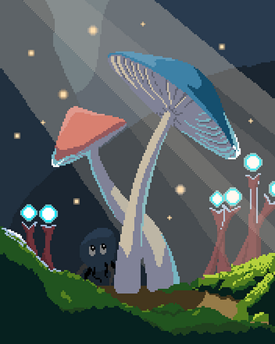 Mushrooms in the cave 16bit cave illustration moss mushroom pixel art