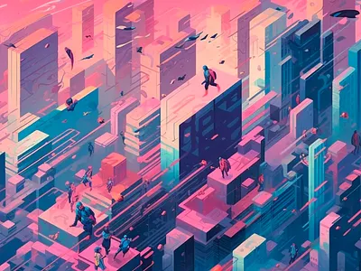 abstract characters flying over city in a cartoon illustration high angle