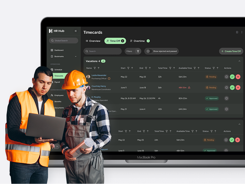 HR SaaS Timecards module Time off (dark theme) attendance dark theme hr leaves saas time time attendance time off time tracking timecard timesheet vacation web web app