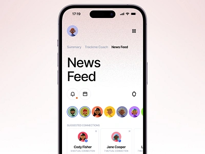 Trackme - News Feed analytics charts coach feed fitness health identity interaction minimal news smartwatch sport typogaphy