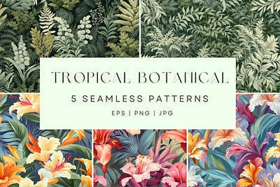 Tropical Botanical Seamless Pattern Set botanical design fern floral graphic design illustration leaf pattern plant seamless tropical
