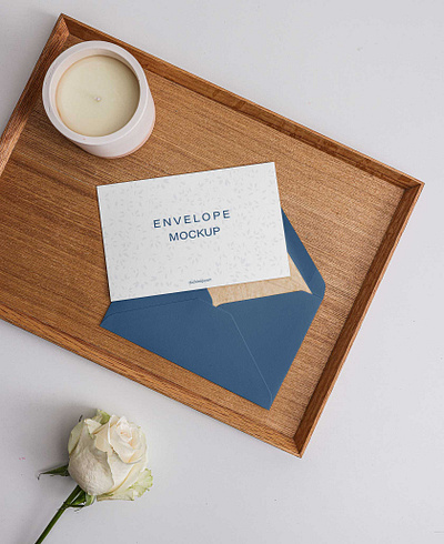 Free Envelope and Card on a Wooden Tray Mockup branding card design card mockup design envelope mockup free download free mockup free mockup download free psd mockup freebie mockup mockup design