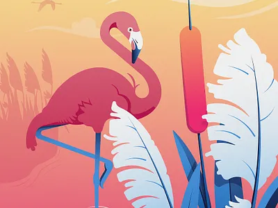 "Pink Dreams" - Daily Art adobe illustrator animals blue clouds contrast daily art flamingo flat design illustration illustrator landscape pink stylized vector vector illustration white yellow