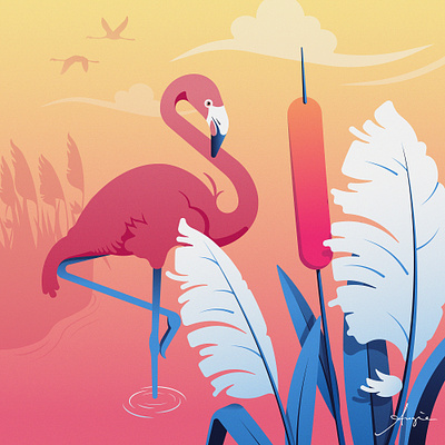 "Pink Dreams" - Daily Art adobe illustrator animals blue clouds contrast daily art flamingo flat design illustration illustrator landscape pink stylized vector vector illustration white yellow