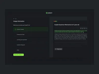 WIP: Onboarding screen ✨ ai app button chatgpt cursor dark mode dark mode onboarding design grayscale green highlight interface onboarding onboarding screen saas tool