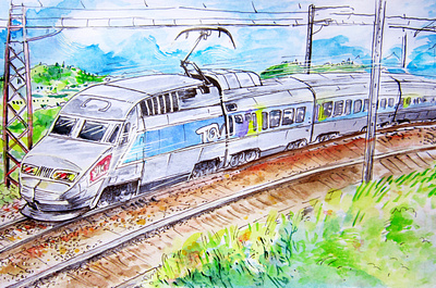 "TGV" art children illustration color pencil design draw drawing dream eductation france graphic design illustration observation train vehicule water ink watercolor