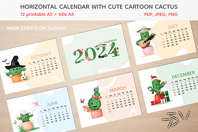 Cute cartoon cactus 2024 horizontal calendar, printable PDF bundle cactus calendar characters collection cute design graphic design illustration set