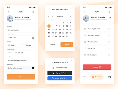 Servini Mobile App - UI Profil & Settings Exploration app birthdate branding choosedate design edit exploration icon ios link link apple link google logo mobile orange profil services settings simplistic ui