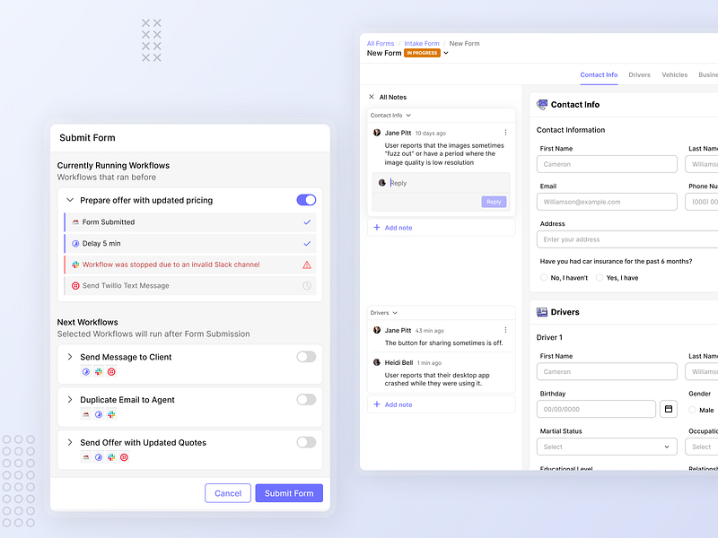 Insurance form submission automation comments figma flow form imputs insurance product design saas test web app