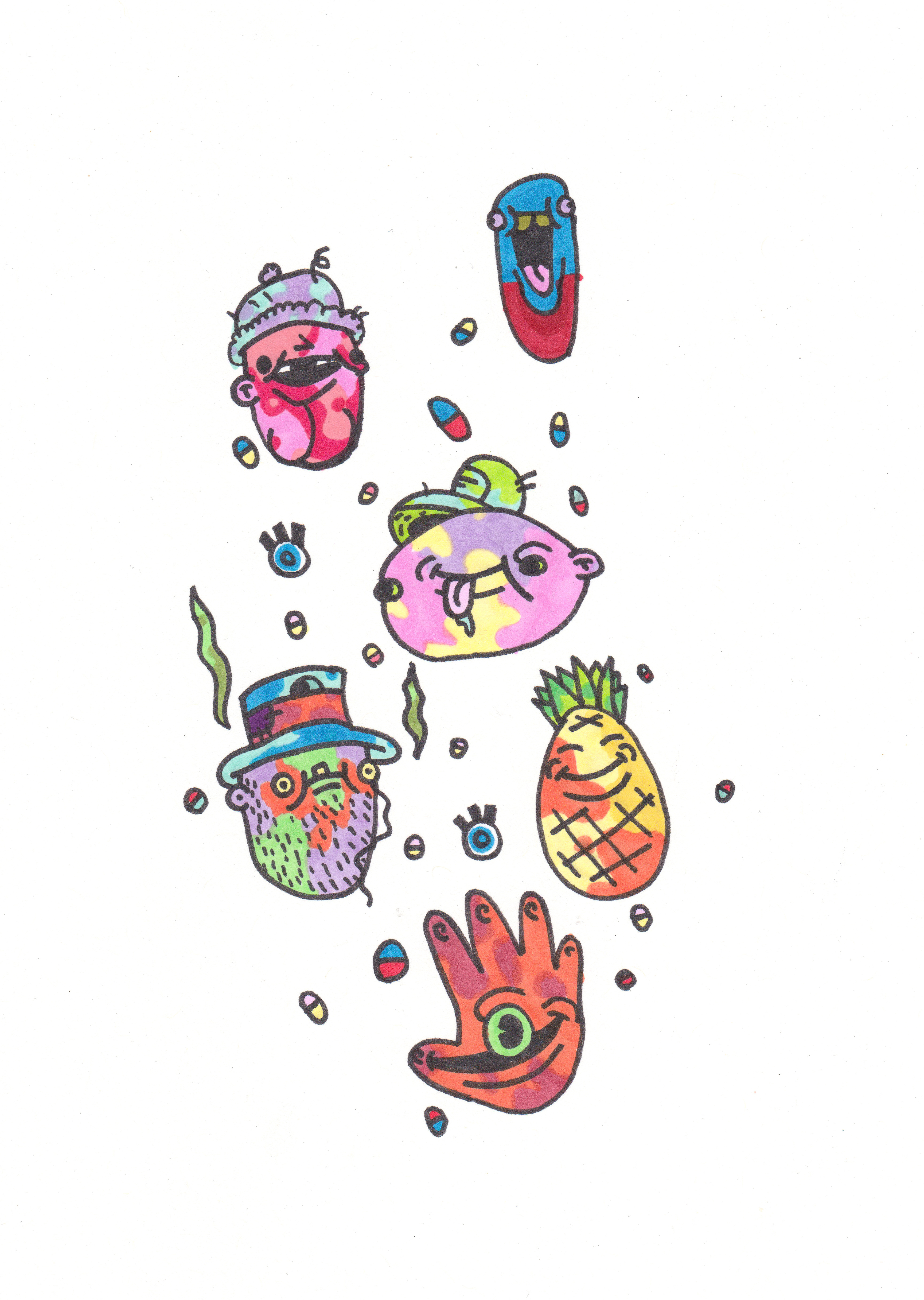 Tie-dyed cap cartoon character drawing eye hand hand drawn hat illustration markers people pills pineapple quirky smile stubble tie dye top hat weird