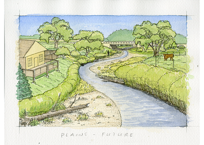 Future River Conditions Illustration - Plains colorado environmental future scenarios ink plains post flood recovery river restoration watercolor
