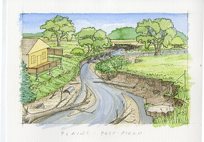 Post-Flood River Illustration - Plains colorado environmental illustration pen and ink post flood river restoration watercolor