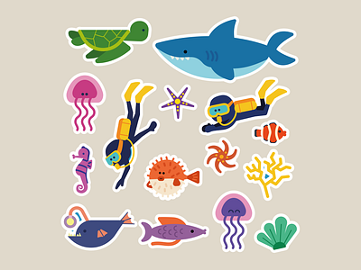Stickers animals jellyfish sea shark stickers turtle