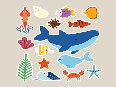 Stickers 2 crab fish illustrator sea stickers whale