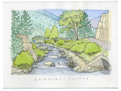 Future River Conditions Illustration - Canyons canyon roads environmental floodplain fly fishing illustration mountain rivers post flood riparian rocky mountains watercolor