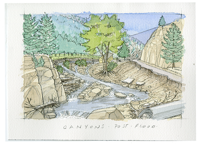 Post Flood Conditions Illustration - Canyons canyon road debris flow environmental flood damage future scenarios illustration ink rocky mountain watercolor