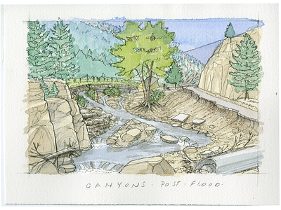 Post Flood Conditions Illustration - Canyons canyon road debris flow environmental flood damage future scenarios illustration ink rocky mountain watercolor