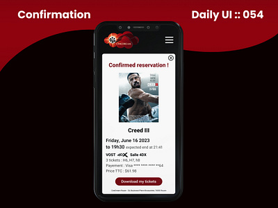 Confirmation Daily UI 054 application branding call to action cinema confirmation cta daily ui date design download graphic design hours logo movie photo recap reservation ticket ui ux