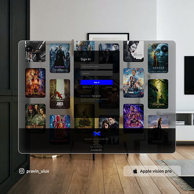 "OTT website login page in Augmented Reality (AR)" adobe ai apple apple vision pro augmented reality figma graphic design interior design login movies music ott spatial computing spatial design ui ui design uiux virtual reality vr xr