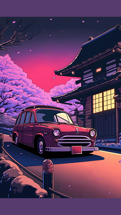 Enigmatic Sunset Serenity automotive art car art car illustration cherry blossom classic car cozy design digital art illustration japanese cars japanese culture winter