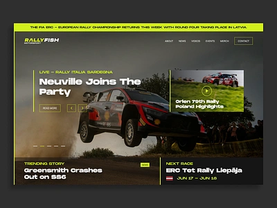 RallyFish - Rally & Motorsport Racing News Website blog branding business busy cars design ecommerce landing live coverage logo motorsport news website racing rally racing sport media sports sports news web design website yellow