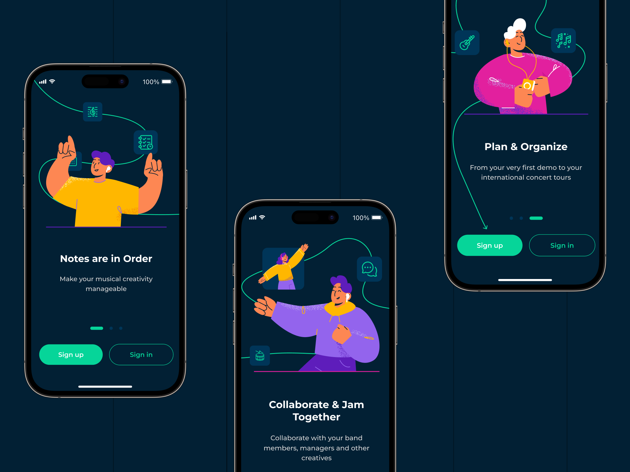 Onboarding Illustrations for Mobile App android app design app ui clean ui dark ui illustration ios ios design mobile app design mobile ui music app music mobile app music player onboarding player playlist song top mobile app ui design user interface