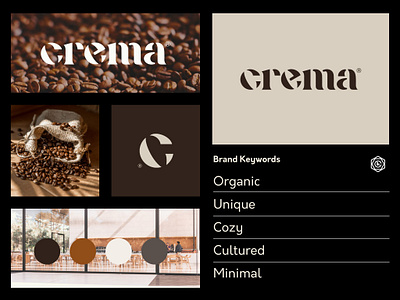 Crema b2c bean brand strategy branding brown coffee color design freelance graphic design icon logo logotype mark minimal mood board organic palette startup