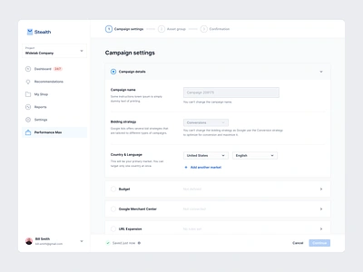 Campaign Creation Flow 1/3 campaign collapse configuration configure create creating dashboard details expand flow form input interface process progress setup steps ui user interface ux