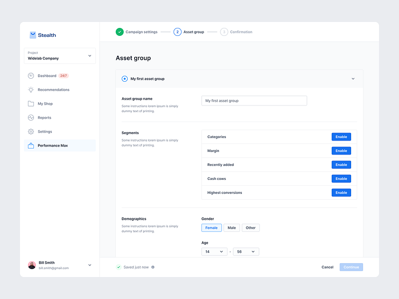 Asset Group Setup 1/3 campaign configuration configure create creating dashboard details dropdown flow form input interface process progress setup steps toggle ui user interface ux