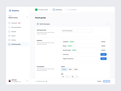 Asset Group Setup 2/3 ai audience campaign chatgpt configuration configure create creating dashboard flow interface map narrow process progress setup steps ui user interface ux