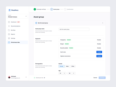 Asset Group Setup 2/3 ai audience campaign chatgpt configuration configure create creating dashboard flow interface map narrow process progress setup steps ui user interface ux