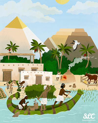 Ancient Egypt - view of the pyramids from the Nile River ancient animals educational illustration egypt egyptian fishing harvesting history illustration kidlitart nile river nonfiction palm trees pottery pyramids village