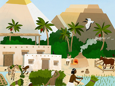 Ancient Egypt - view of the pyramids from the Nile River ancient animals educational illustration egypt egyptian fishing harvesting history illustration kidlitart nile river nonfiction palm trees pottery pyramids village