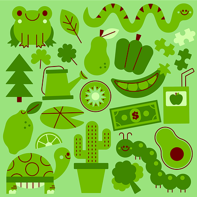 Green cactus character clover cute frog fun green happy illustration rainbow retro snake turtle
