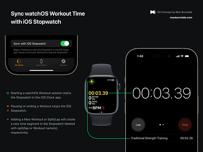 Sync watchOS Workout Time with iOS Stopwatch - UX Concept apple clock concept diagram exercise fitness ios iphone mobile mockup number proposal stopwatch strength training swiftui timer ui watch watchos workout